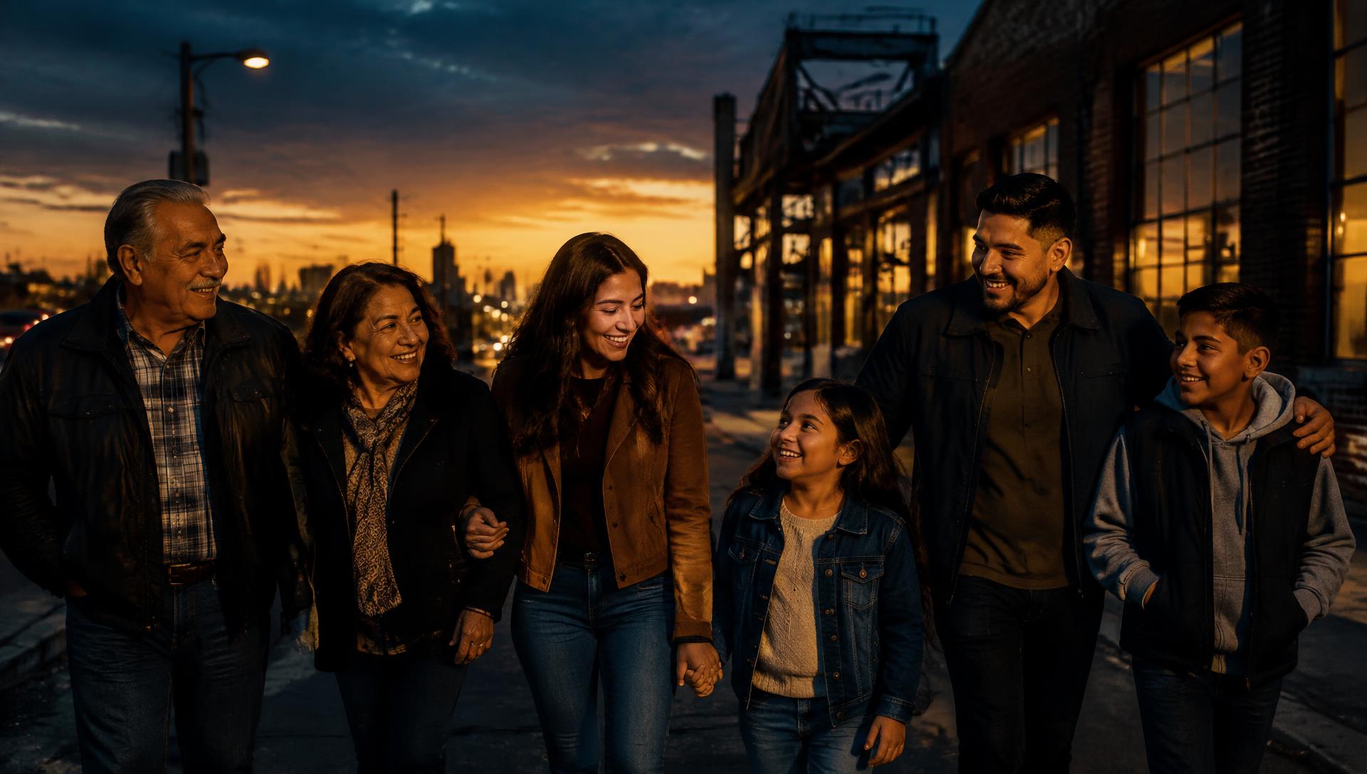 Familia caminando junta al atardecer